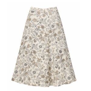 Floral A-Line Skirt Large Cream Beige Mother Pearl Buttons Side Maxi Skirt Women
